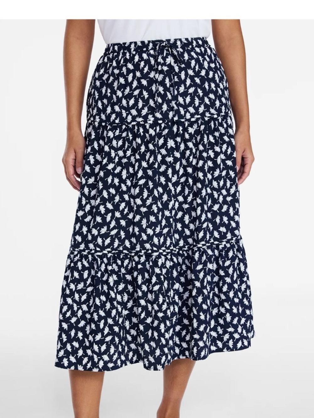 Time and TruNavy Blue Floral Tiered Midi Skirt